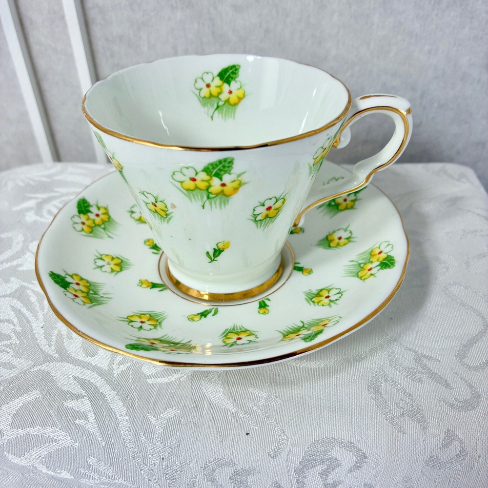 Gladstone Bone China Tea Cup Saucer Set Yellow Primrose Floral Gold Gilt England